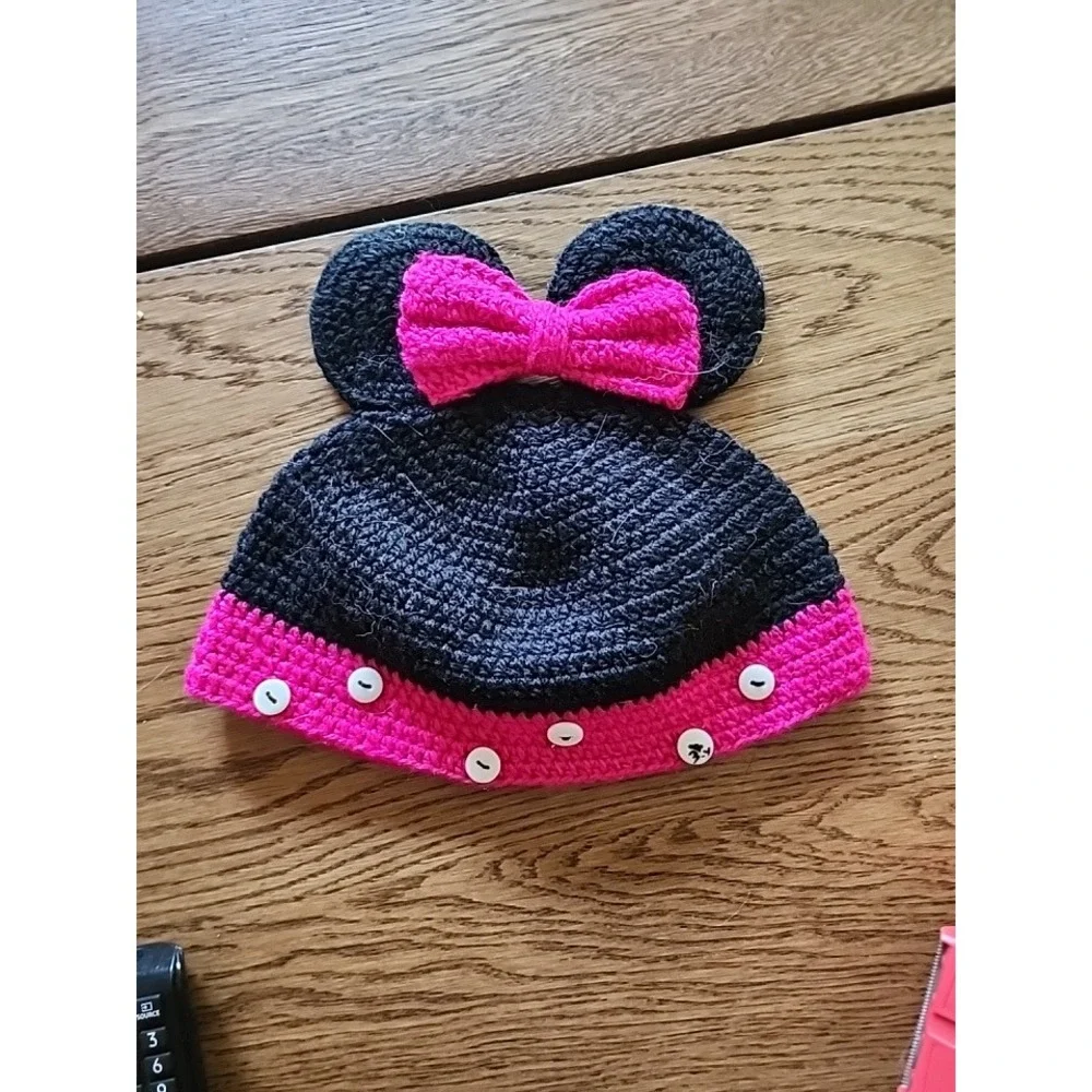 Handmade Crochet Mouse Ear Beanie Hat Pink Black Bow Button Detail Costume